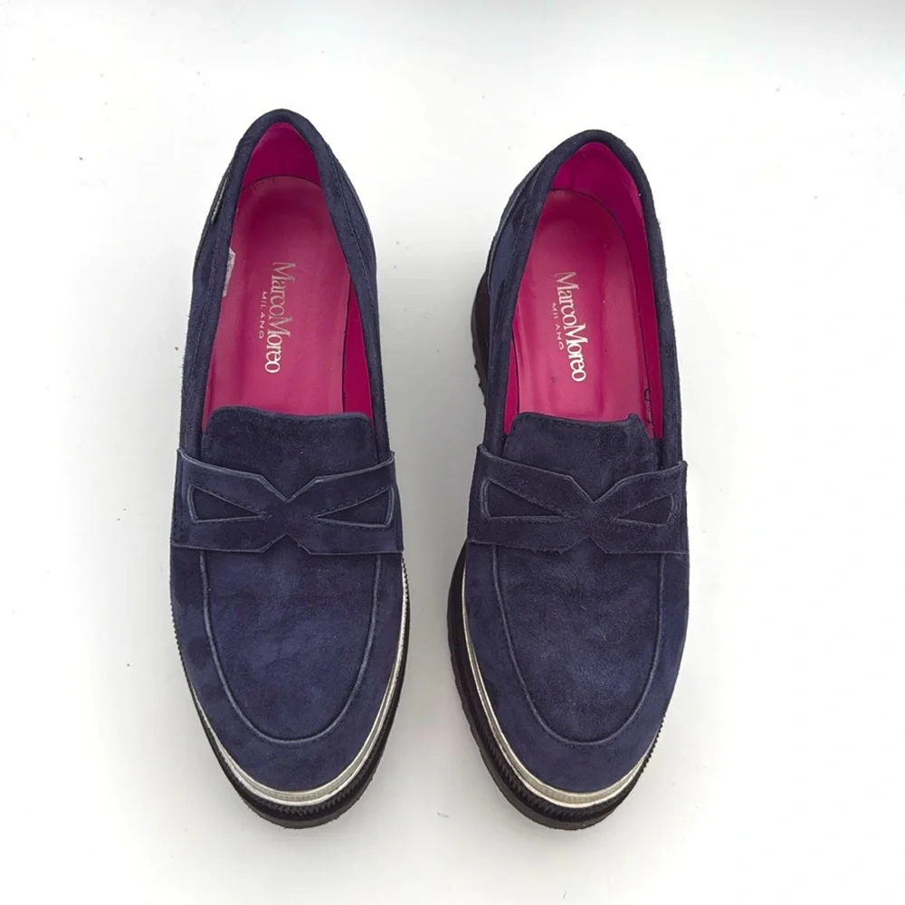 Marco Moreo Milano - women’s Hannah navy blue suede loafer platform shoes‎ 7 /38